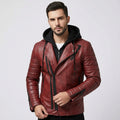 Men’s Red Leather Hooded Biker Jacket – Slim Fit Moto Style