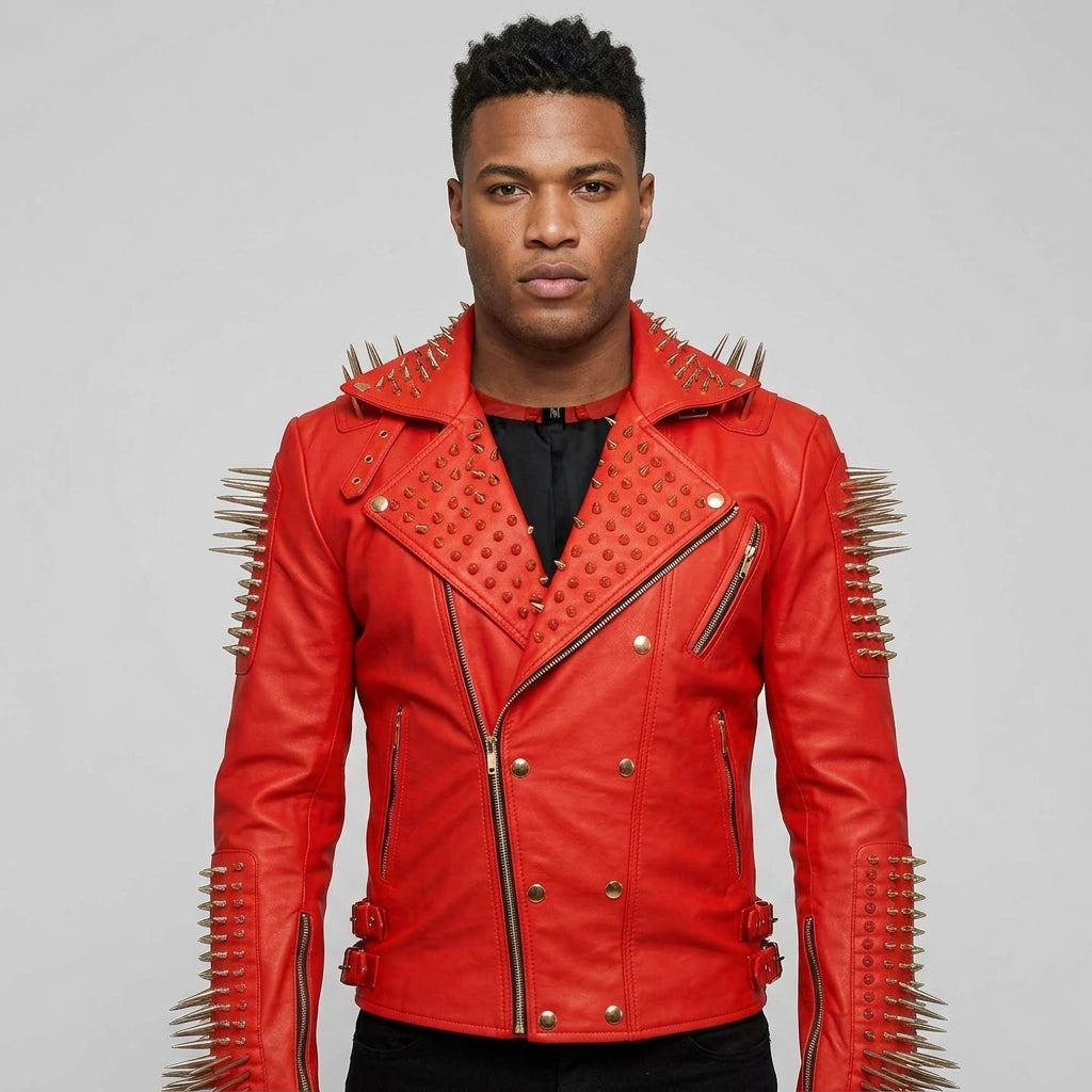 Men’s Red Studded Leather Biker Jacket