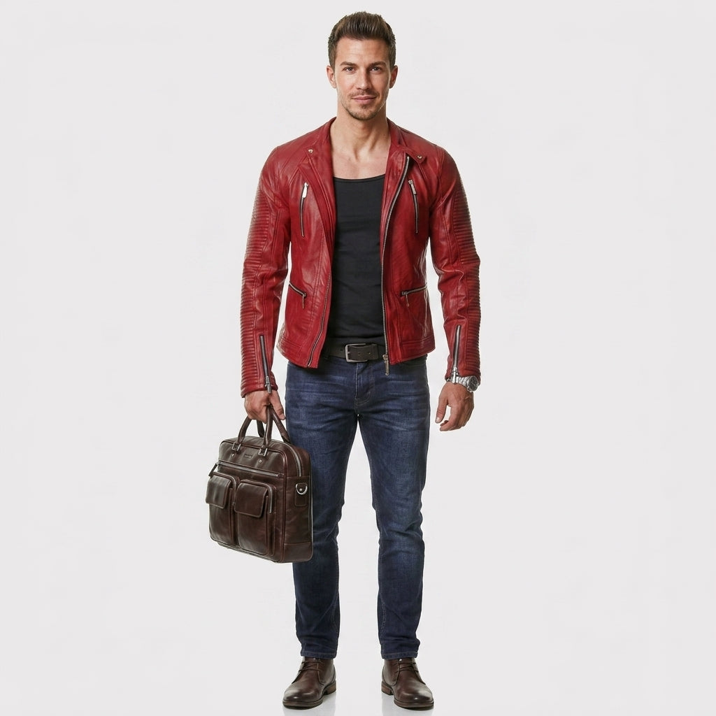 Men’s Red Slim Fit Biker Leather Jacket – Modern Moto Style