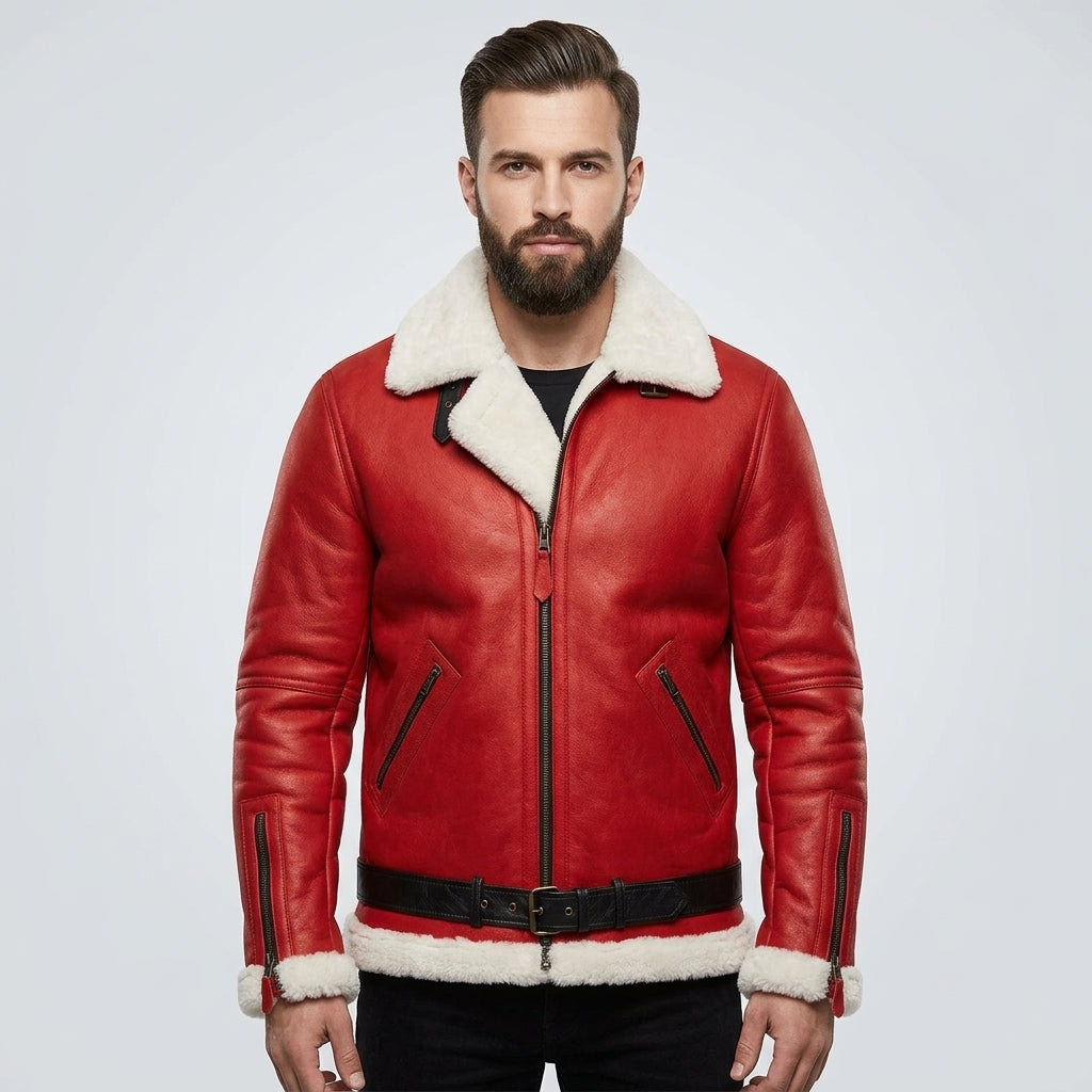 Men’s Santa Claus Sheepskin Leather Christmas Bomber Jacket