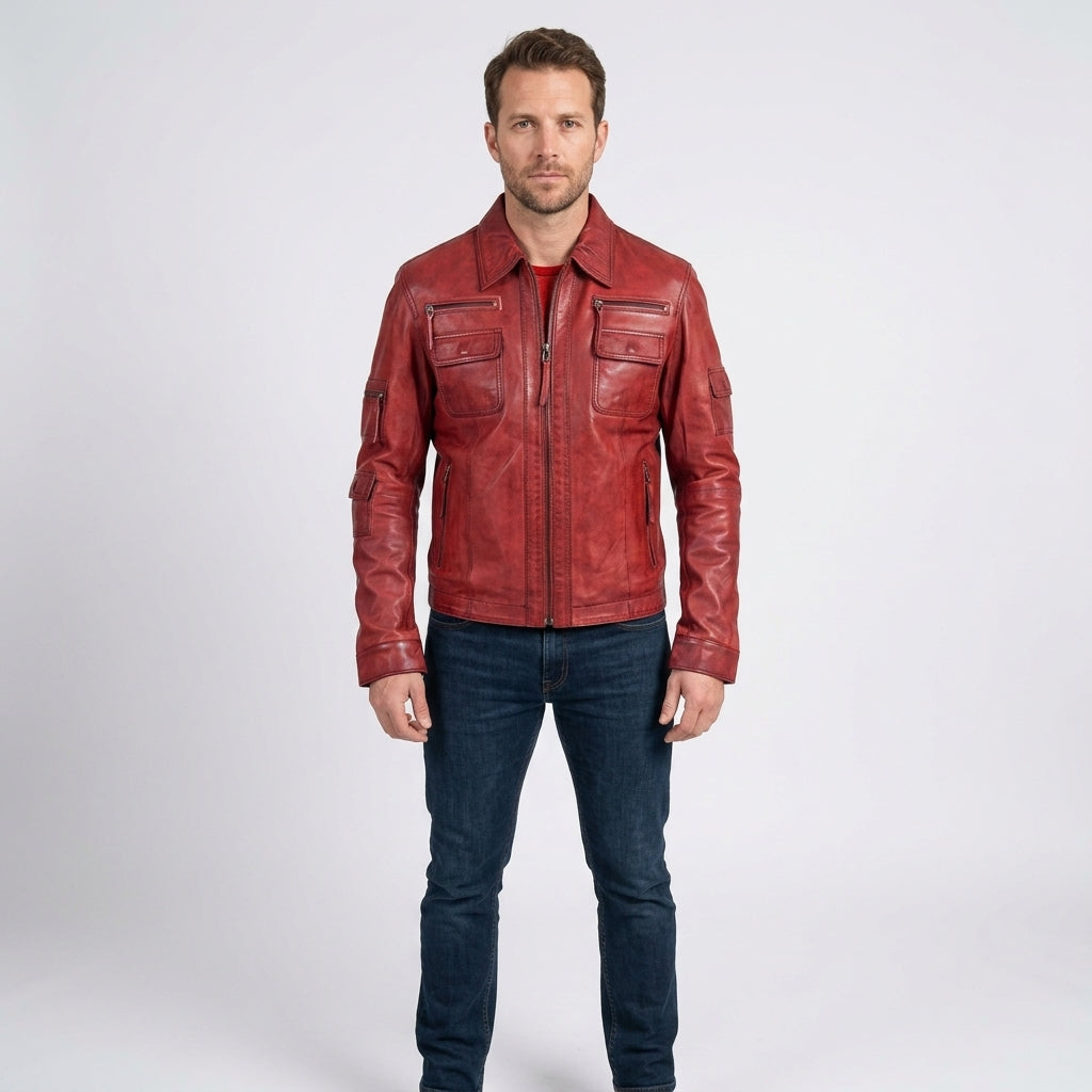 Men’s Red Winter Leather Jacket – Premium Warm Slim Fit Style