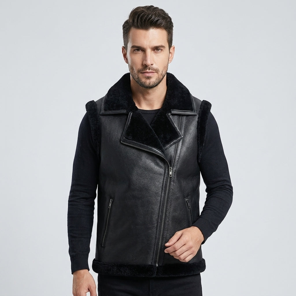 Men’s Black Shearling Sheepskin Leather Vest – Premium Winter Gilet