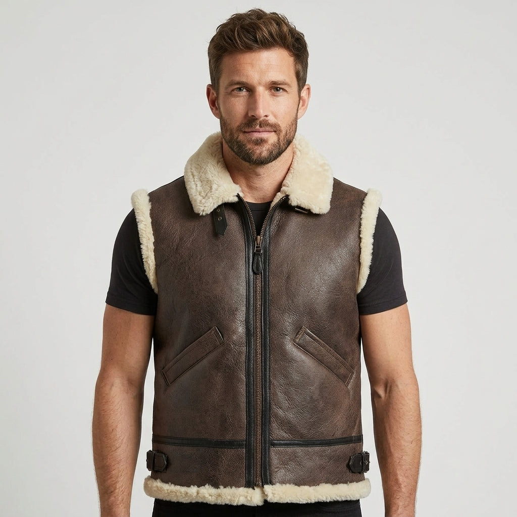 Men’s B3 Shearling Sheepskin Leather Vest – Classic Aviator Winter Gilet