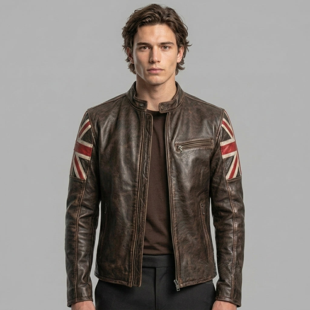Men’s Distressed Brown Leather Jacket – Vintage Genuine Leather Biker Coat