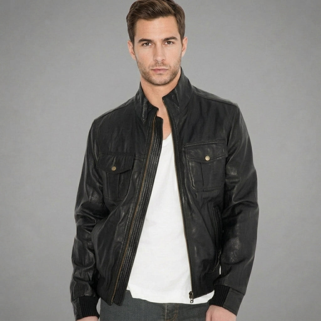 Men’s Black Sheepskin Leather Bomber Jacket