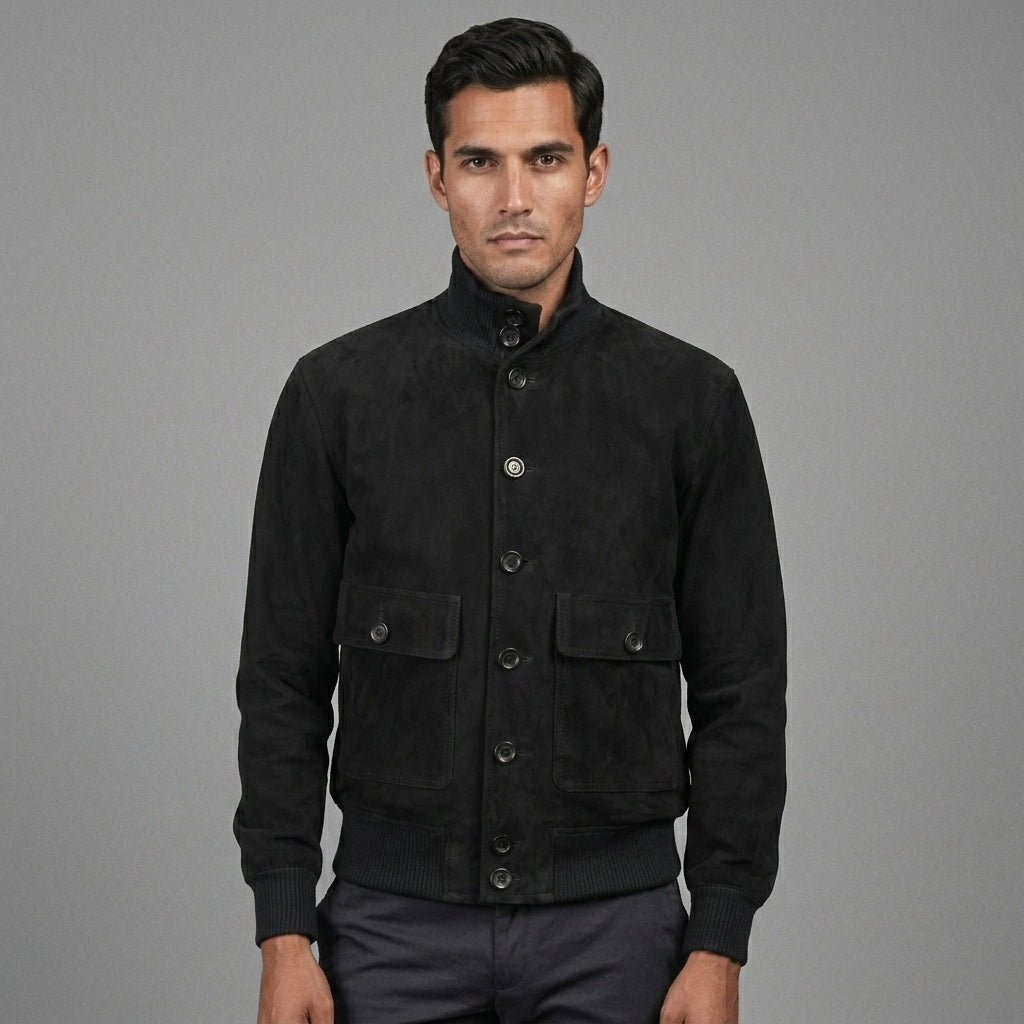 Men’s Black Suede Leather Bomber Jacket
