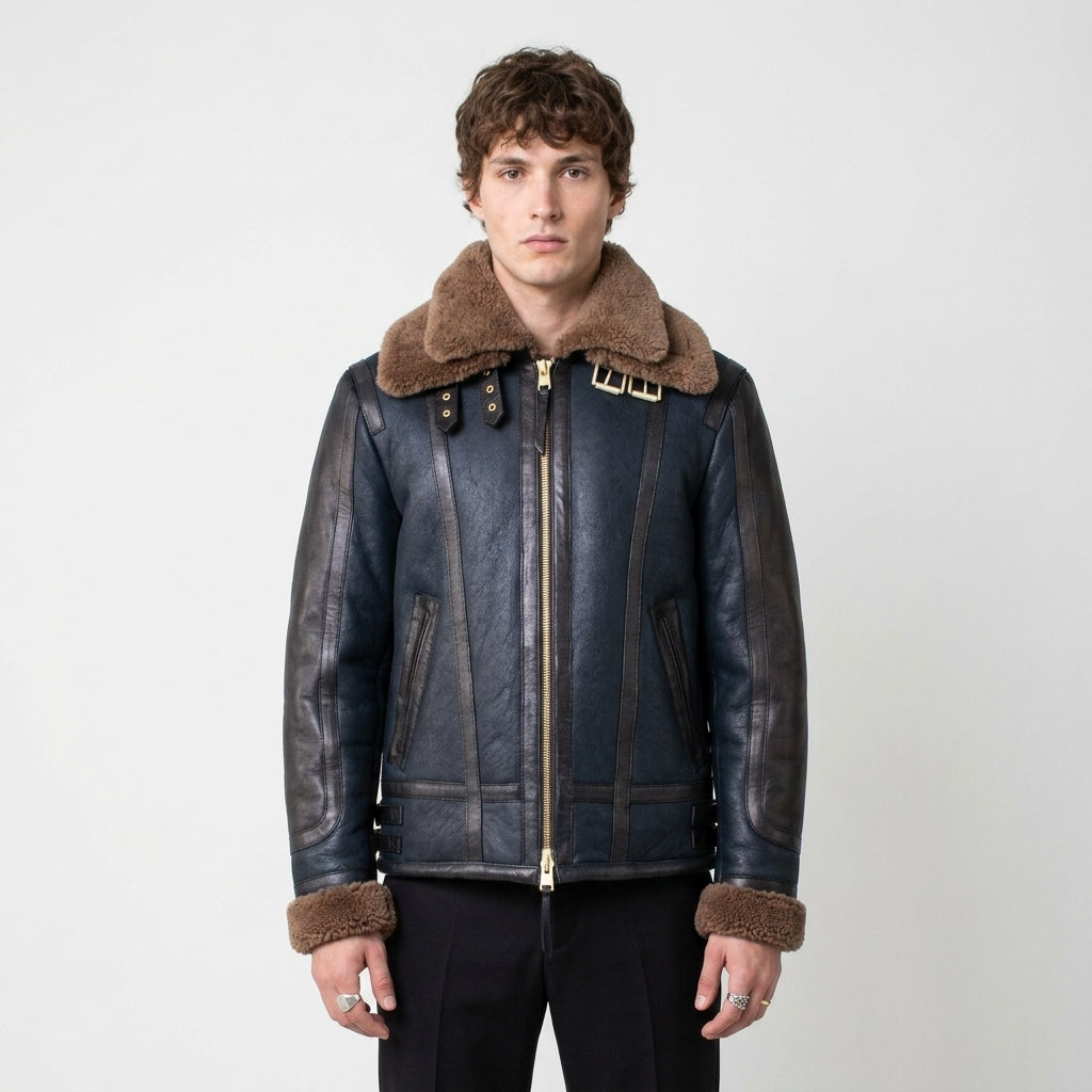 Men’s Blue Sheepskin Shearling Leather Jacket