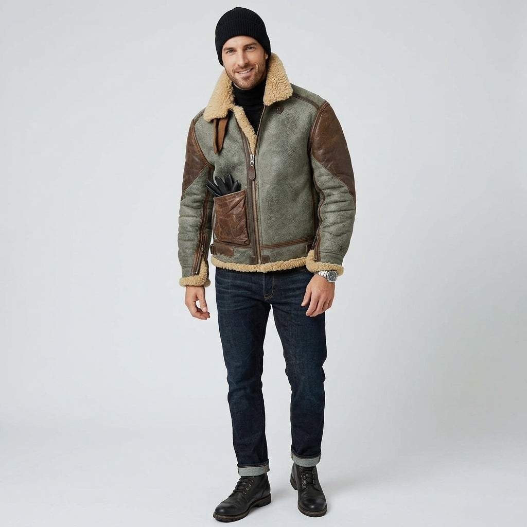 Men’s Genuine Leather Winter Jacket with Shearling Collar
