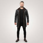 Men’s Black Leather Trench Coat with Shearling Lining