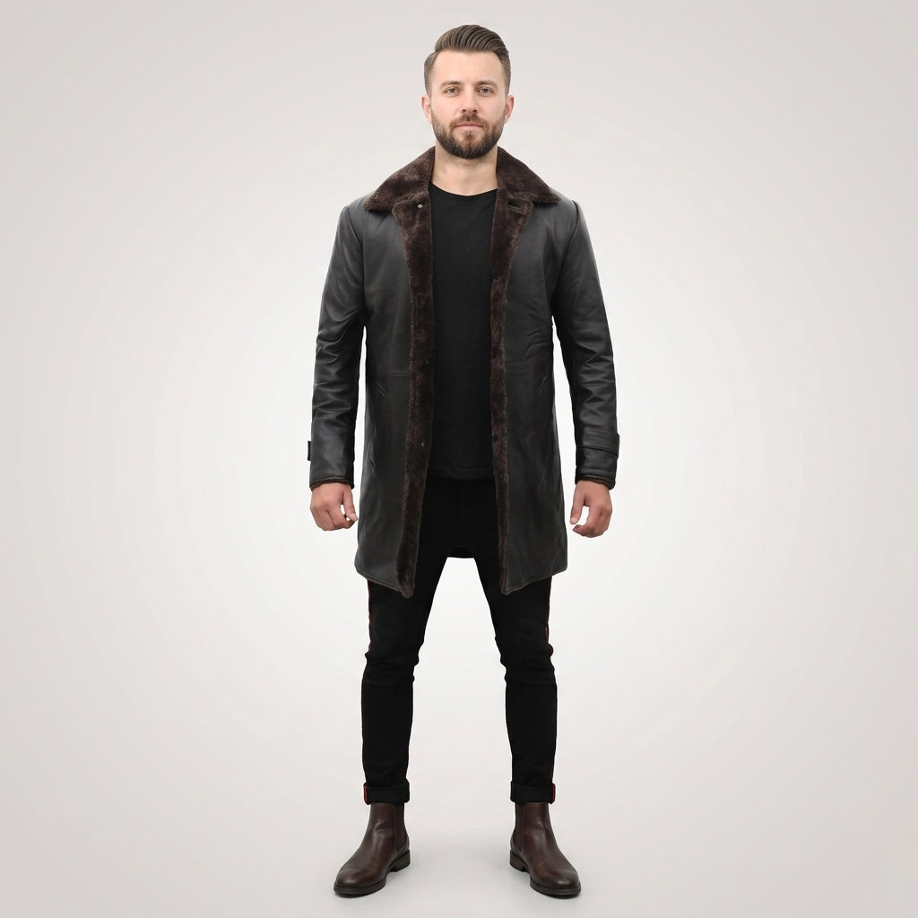 Men’s Black Leather Trench Coat with Shearling Lining
