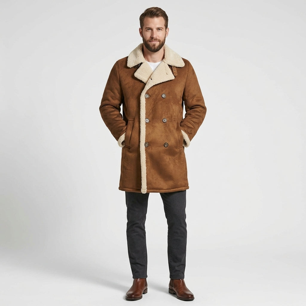 Men’s Tan Brown Suede Shearling Leather Coat