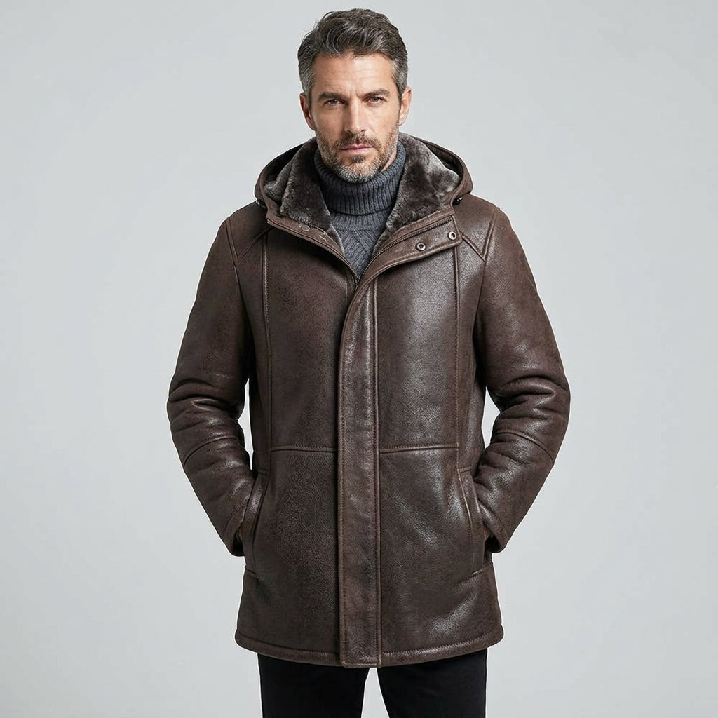 Men’s Dark Brown Hooded Shearling Coat