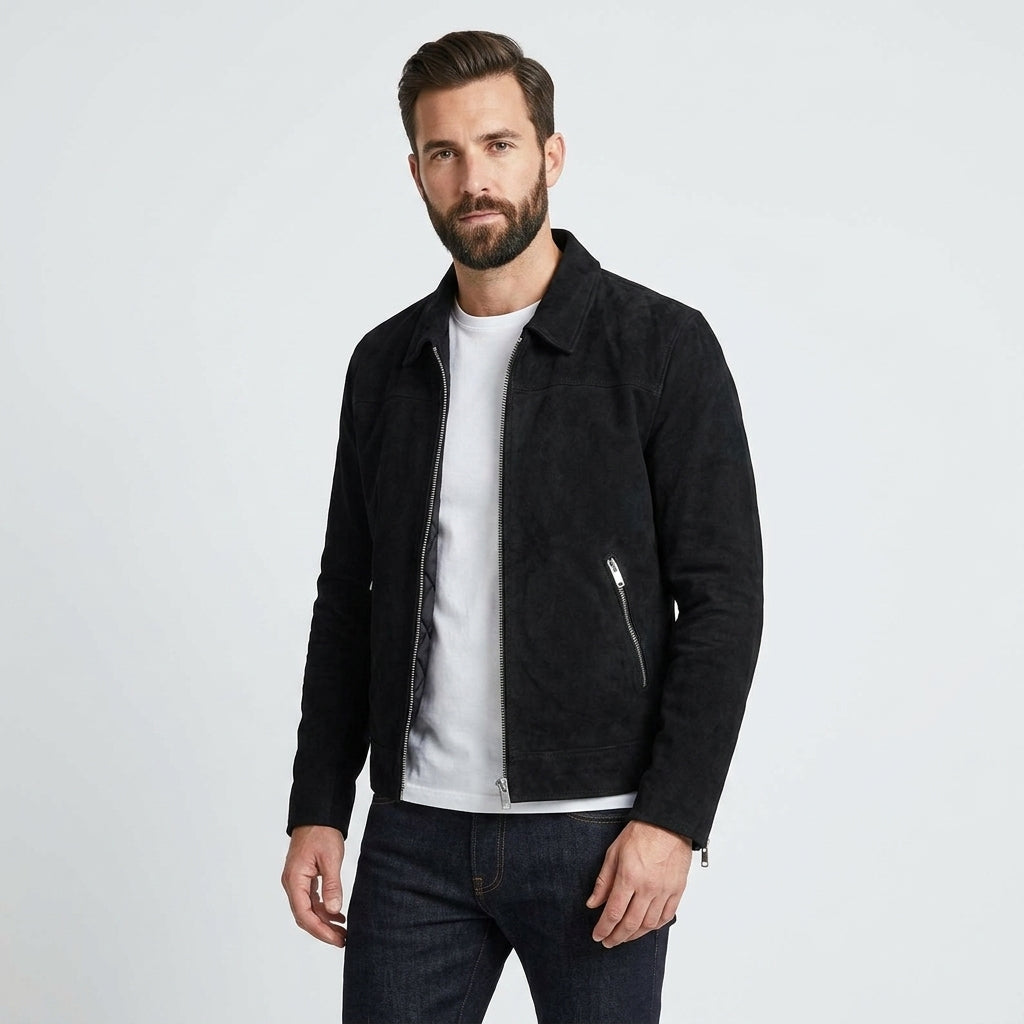 Black Suede Leather Trucker Jacket for Men – Premium Western Style