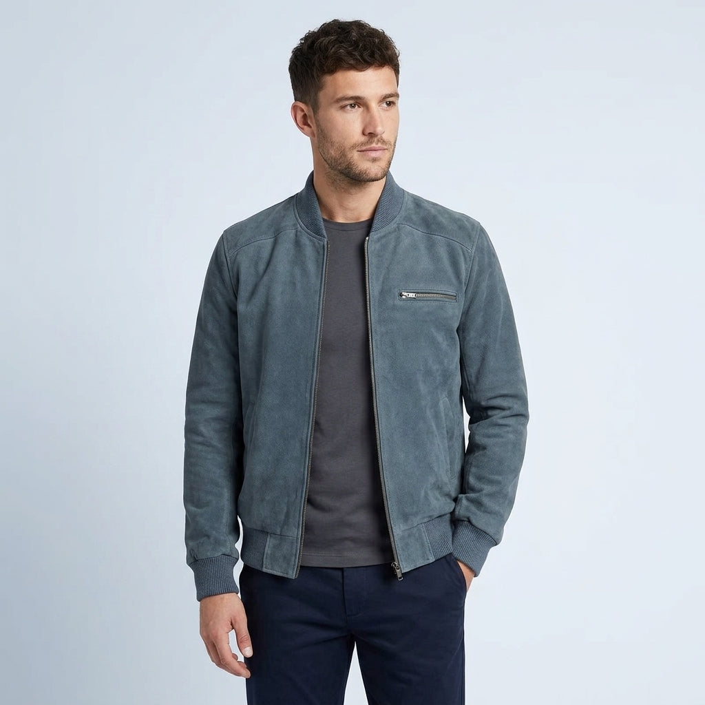 Men's Gray Suede Bomber Jacket – Premium Casual Leather Jacket