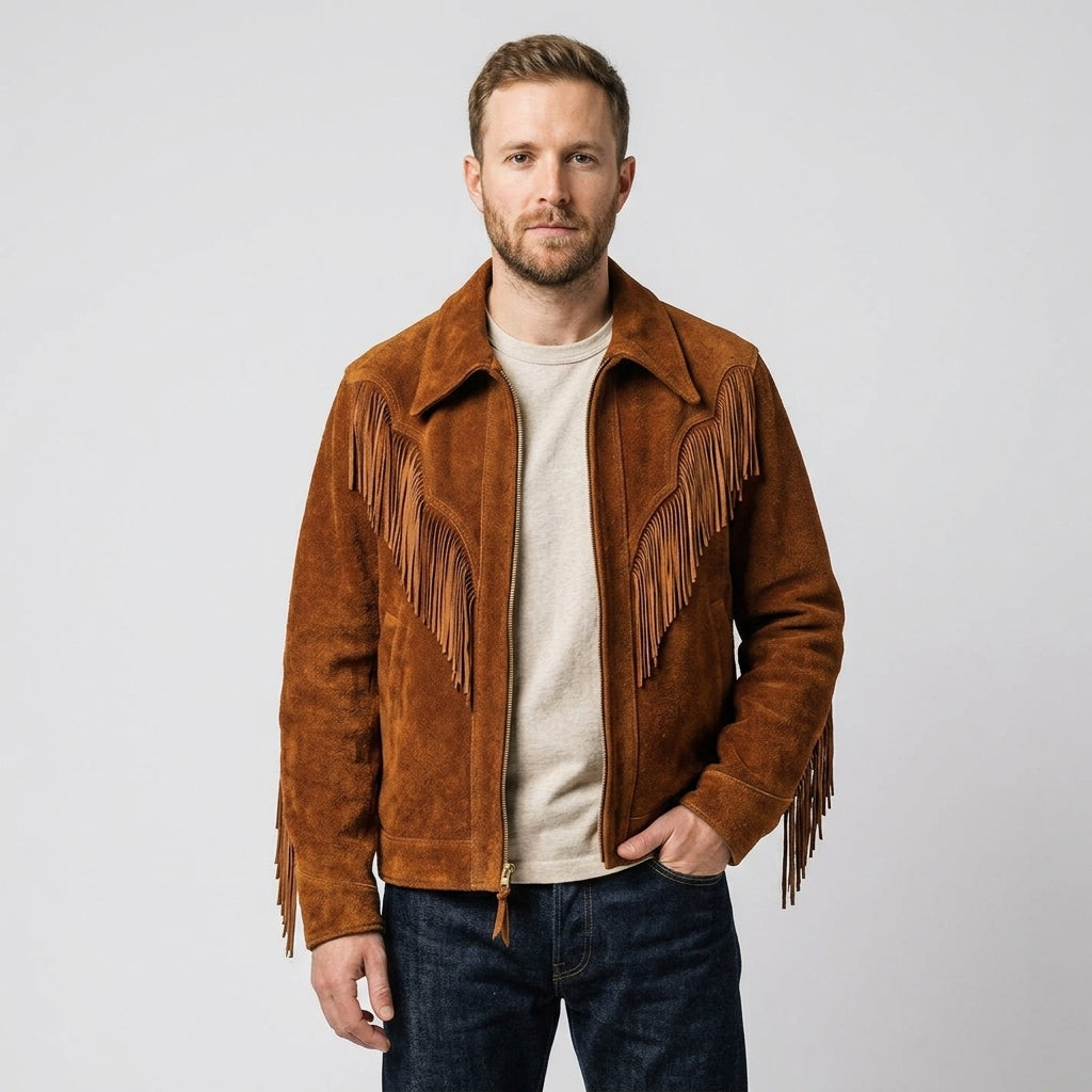 Men's Brown Suede Cowboy Fringe Jacket – Classic Western Style
