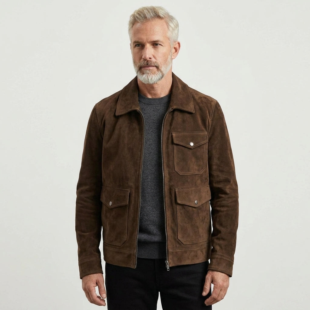 Men's Tan Brown Suede Leather Bomber Jacket – Classic Casual Outerwear