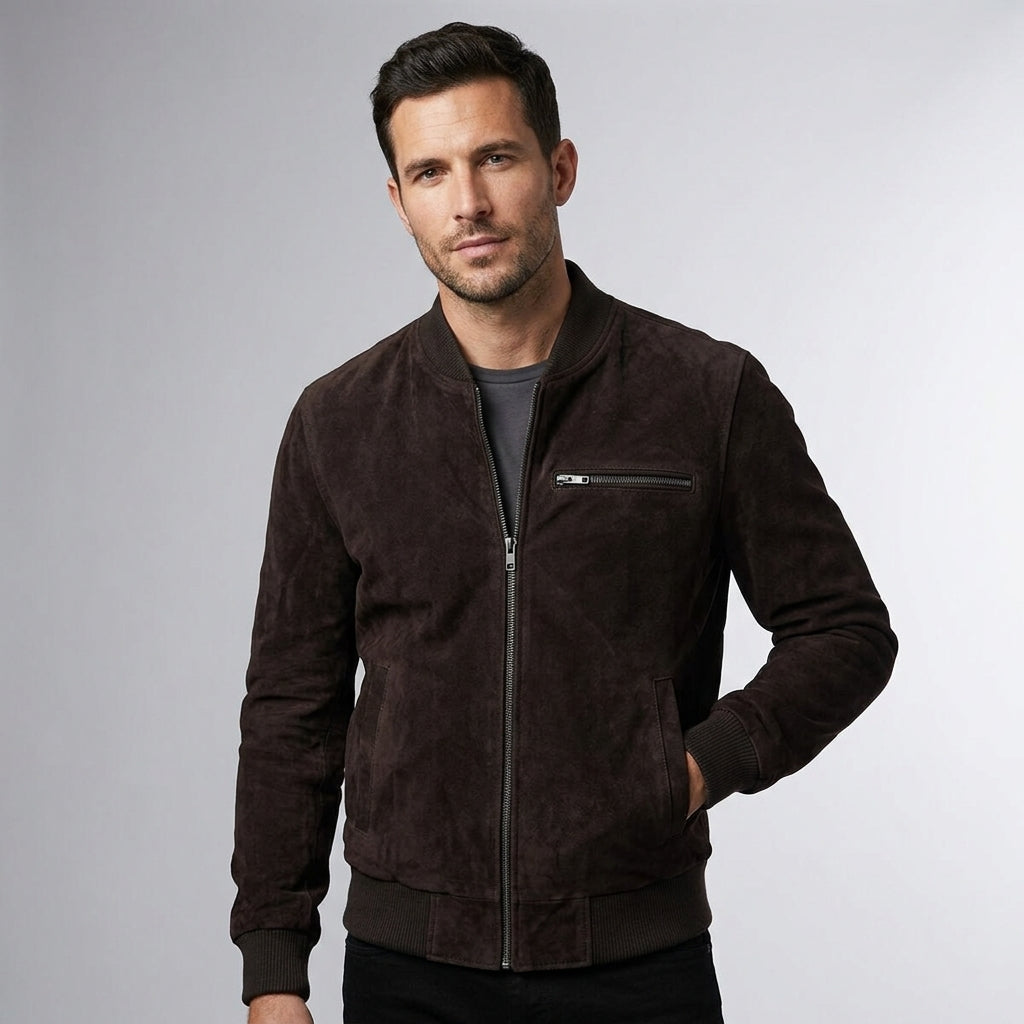 Men’s BlackShadow Suede Bomber Jacket – Premium Black Casual Style