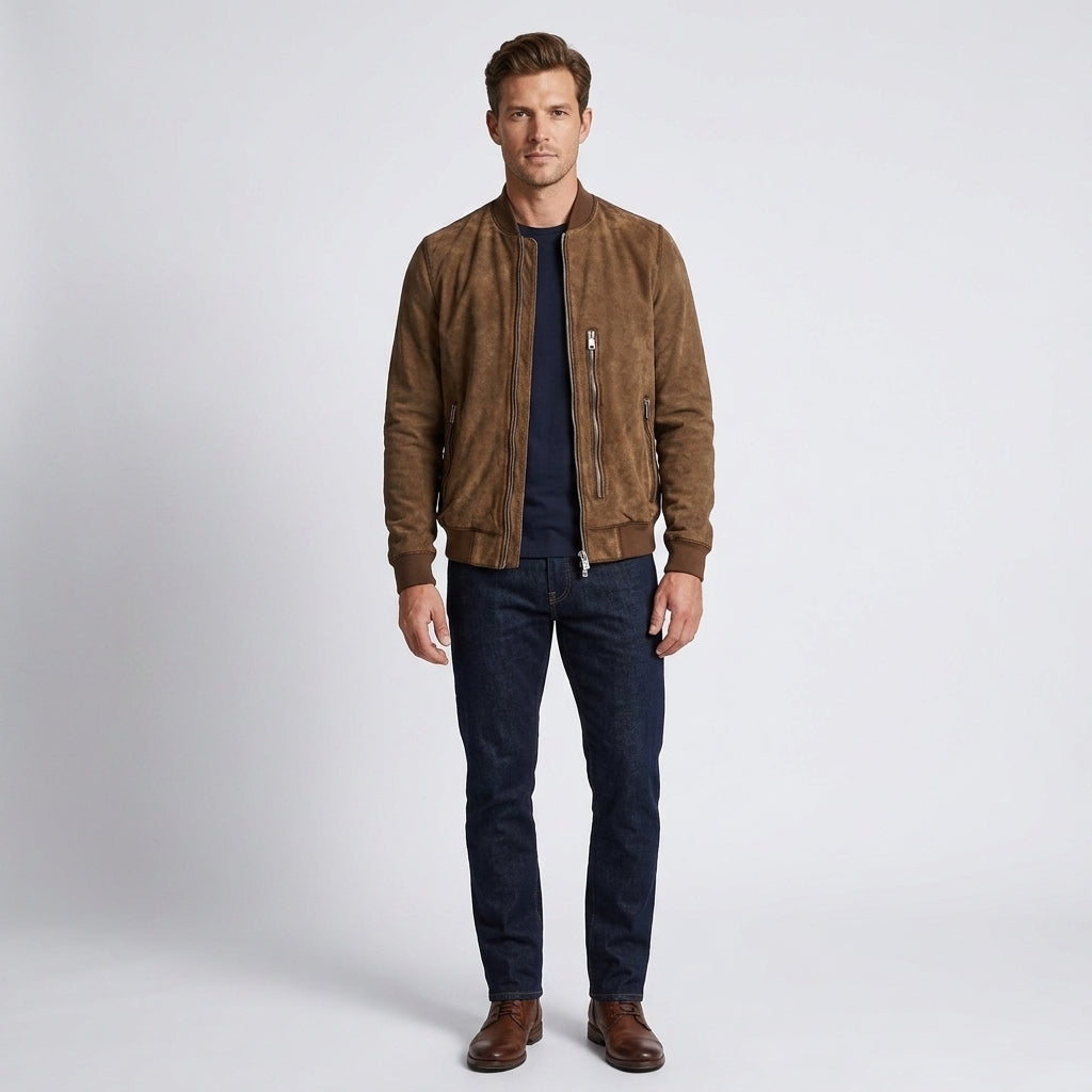 Classic Brown Suede Men’s Leather Bomber Jacket – Timeless Aviator Style