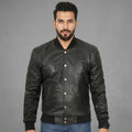 Men’s Black Leather Letterman Bomber Jacket