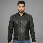 Men’s Black Leather Letterman Bomber Jacket