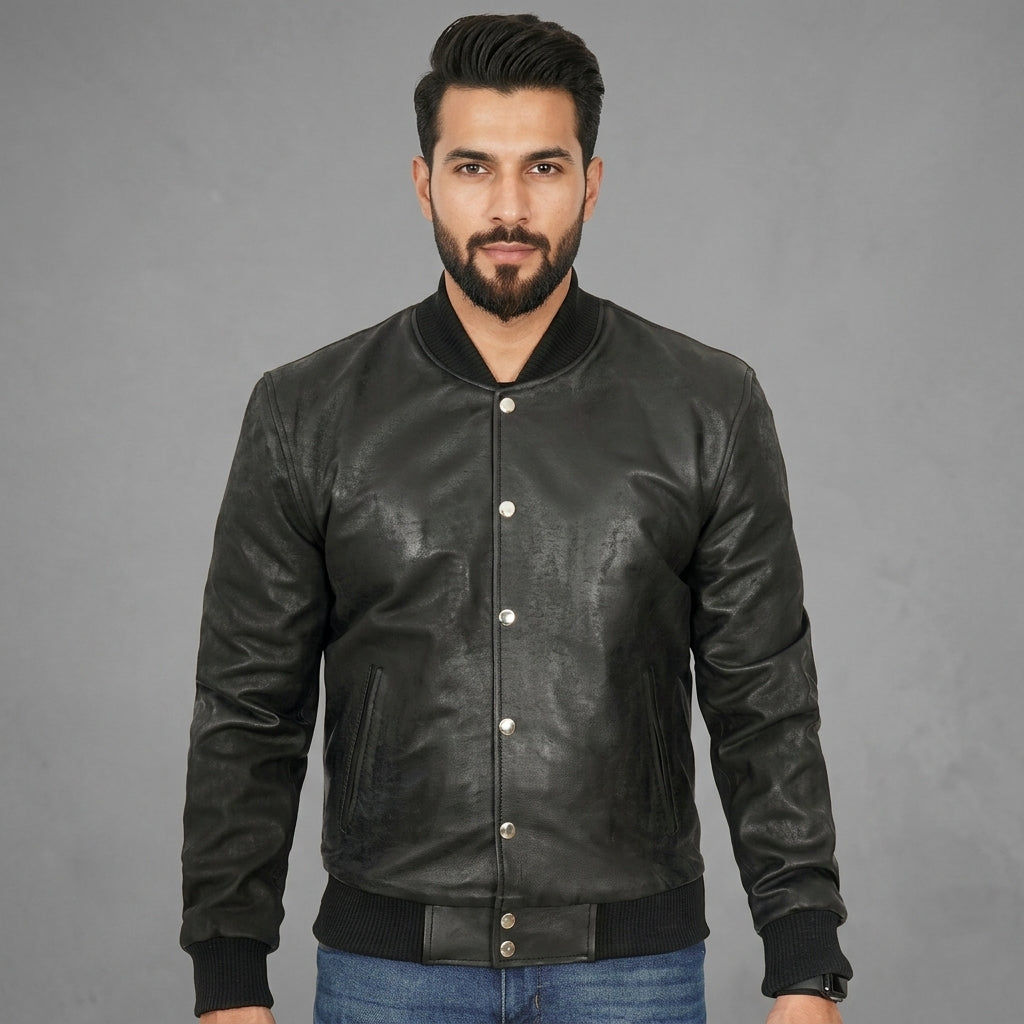 Men’s Black Leather Letterman Bomber Jacket