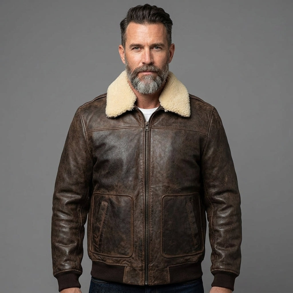 Men’s Vintage A2 Brown Shearling Leather Bomber Jacket