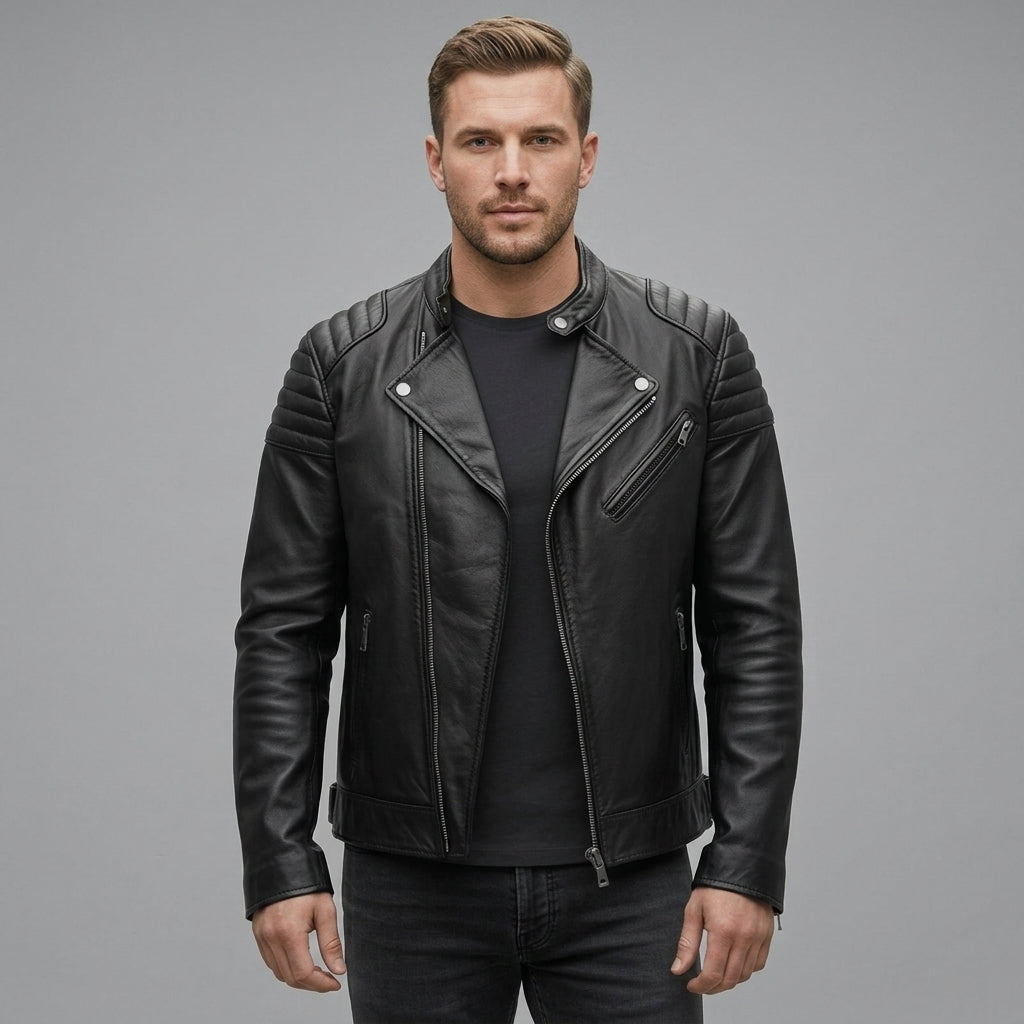 Men’s Black Asymmetrical Leather Biker Jacket – Classic Moto Style