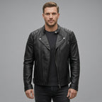 Men’s Black Asymmetrical Leather Biker Jacket – Classic Moto Style