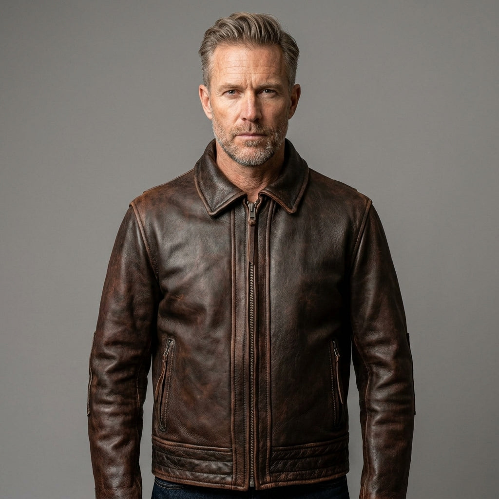 Men’s Vintage Brown Cafe Racer Leather Jacket – Classic Motorcycle Biker