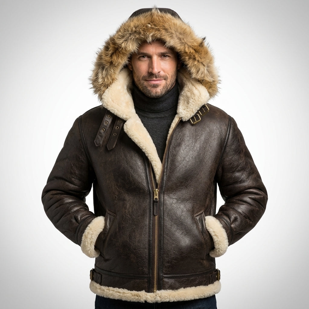 Cockpit USA Dakota Hooded B-3 Shearling Leather Jacket Brown