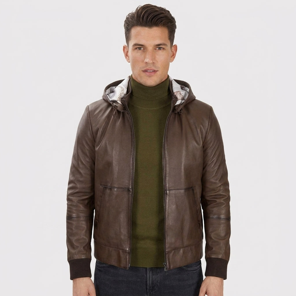 Men’s Brown Hooded Leather Jacket