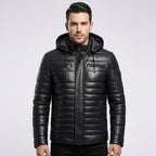 Men’s Real Leather Puffer Hooded Jacket
