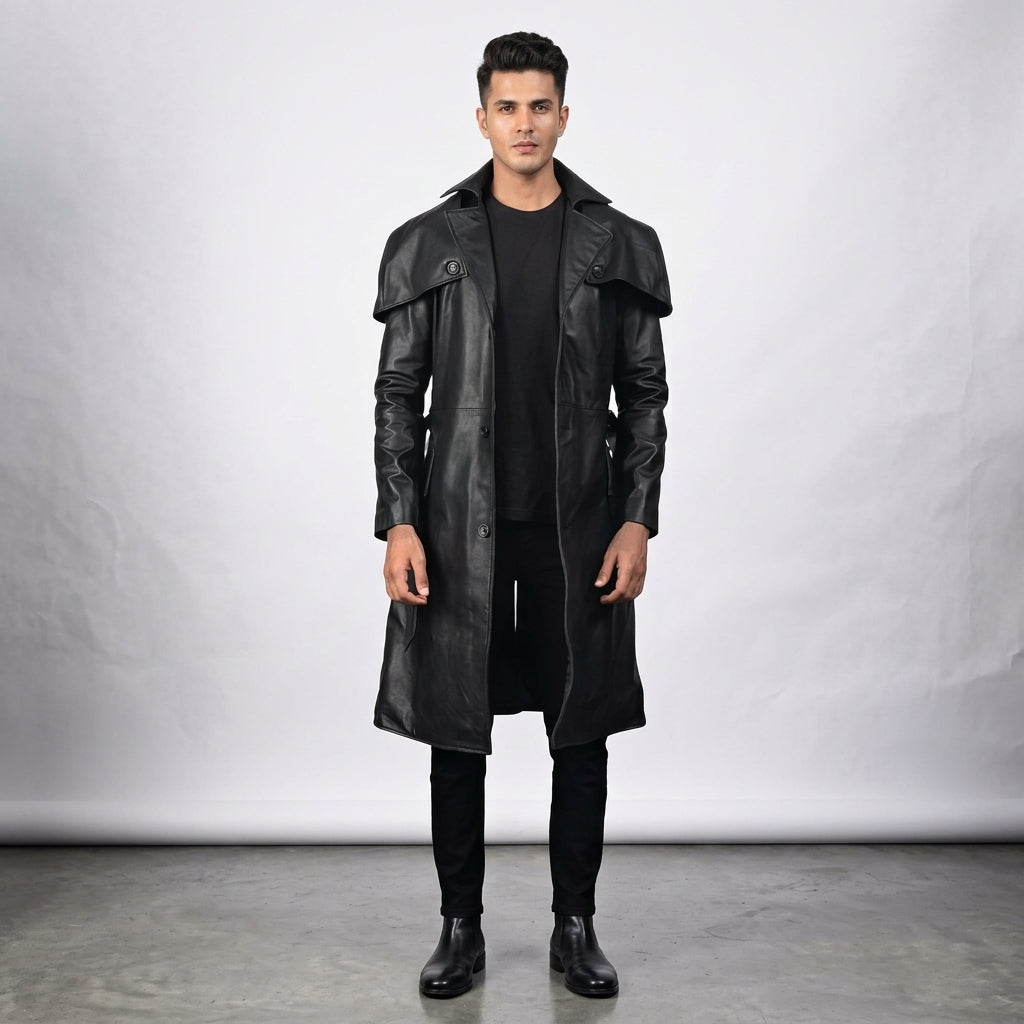 Men’s Black Leather Trench Coat – Classic Longline Premium Style