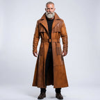Men’s Distressed Sheepskin Duster Coat – Vintage Longline Leather Style