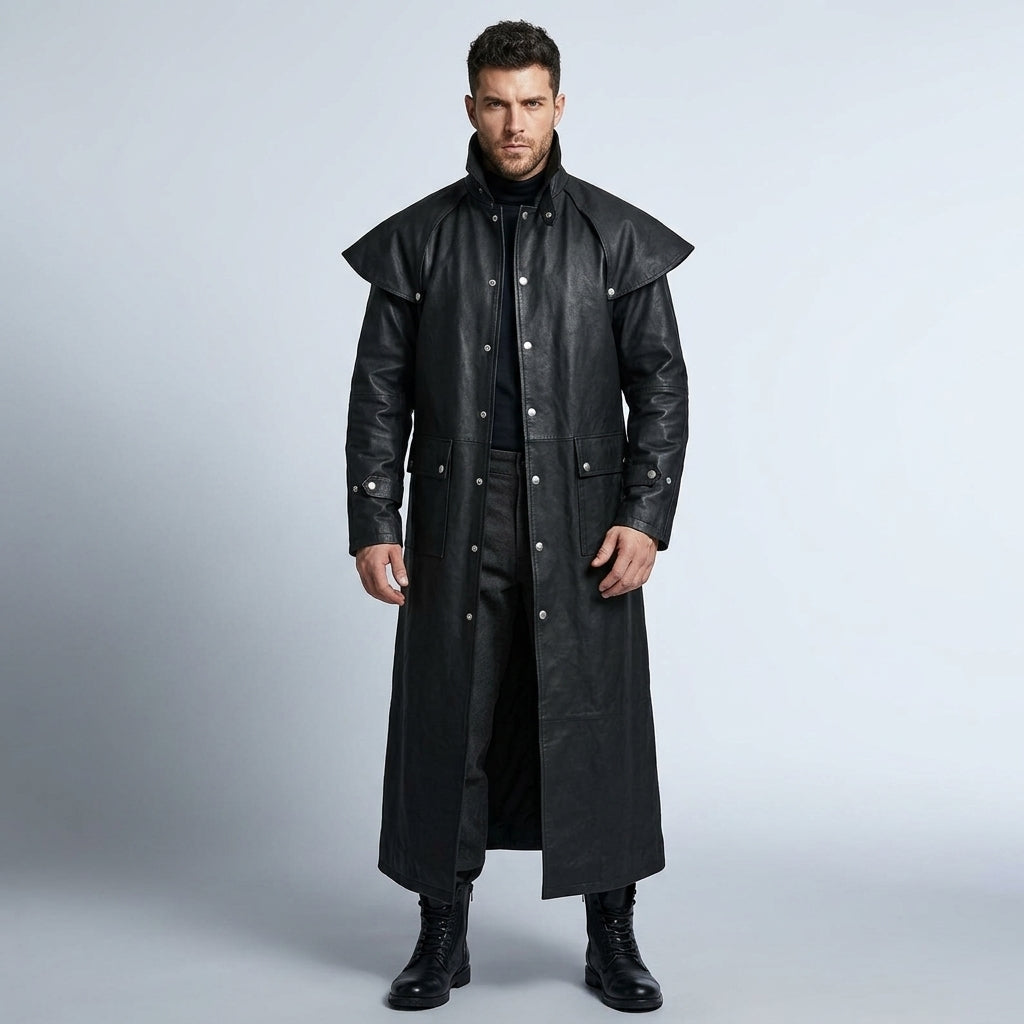 Men’s Black Leather Trench Coat with Hood – Slim Fit Urban Style