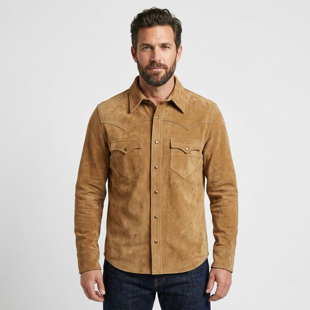 Men’s Western Cowboy Vintage Suede Leather Trucker Shirt Jacket