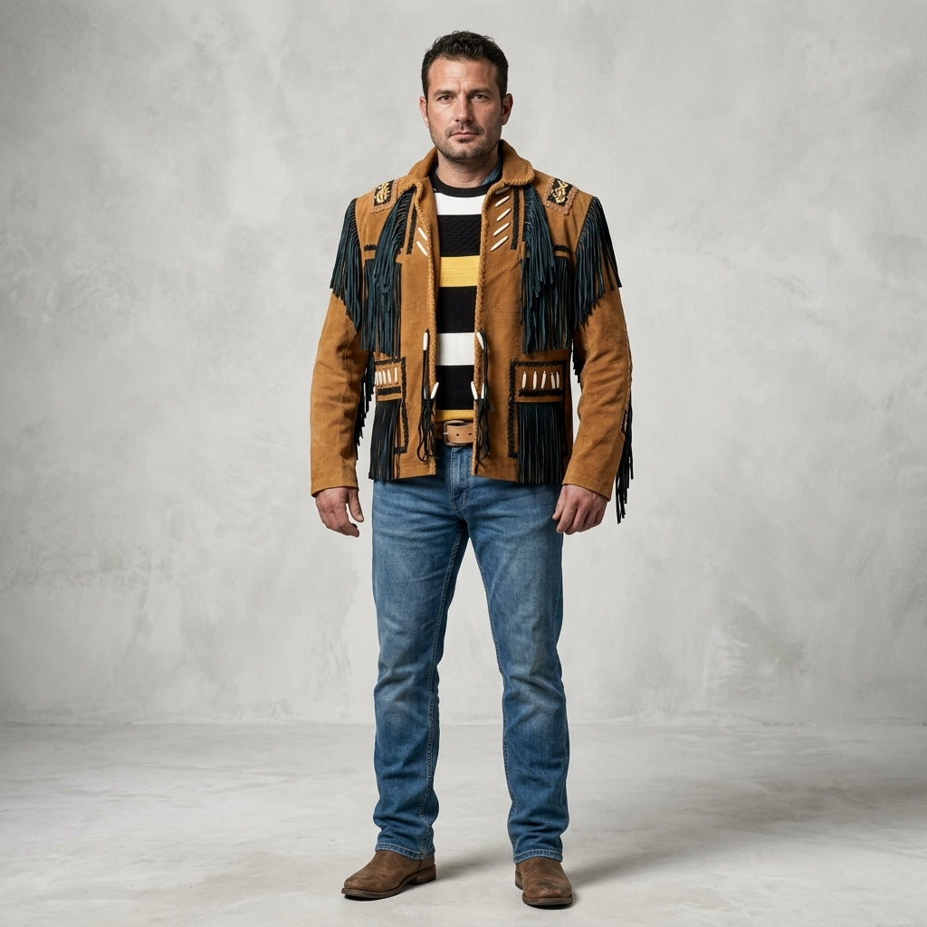 Men’s Cowboy Western Fringed Leather Jacket – Vintage Brown Rancher Style