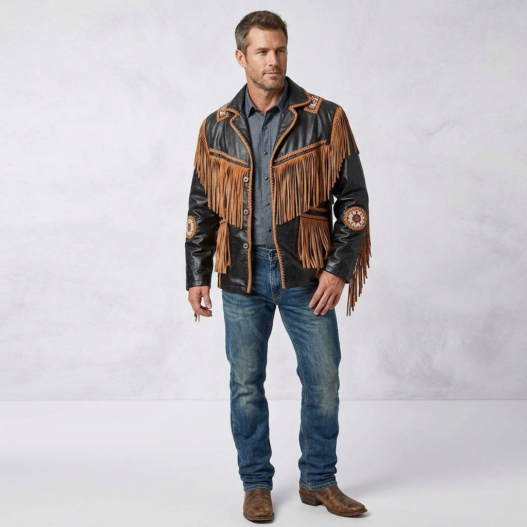 Men’s Cowboy Cowhide Leather Jacket with Fringe and Beads