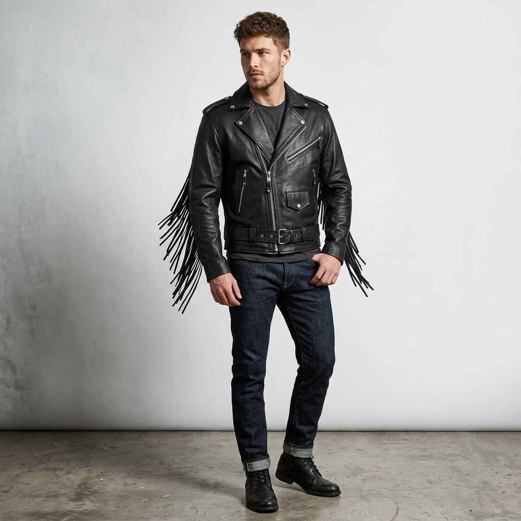 Men’s Fringe Hide Leather Motorcycle Jacket – Vintage Biker Western Style