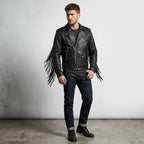 Men’s Fringe Hide Leather Motorcycle Jacket – Vintage Biker Western Style