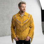 Unisex Yellow Suede Fringe & Beads Jacket – Vintage Cowboy Western Coat