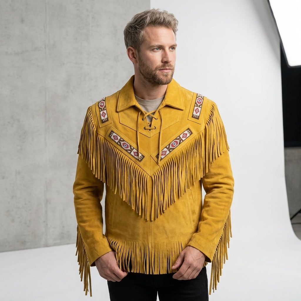 Unisex Yellow Suede Fringe & Beads Jacket – Vintage Cowboy Western Coat