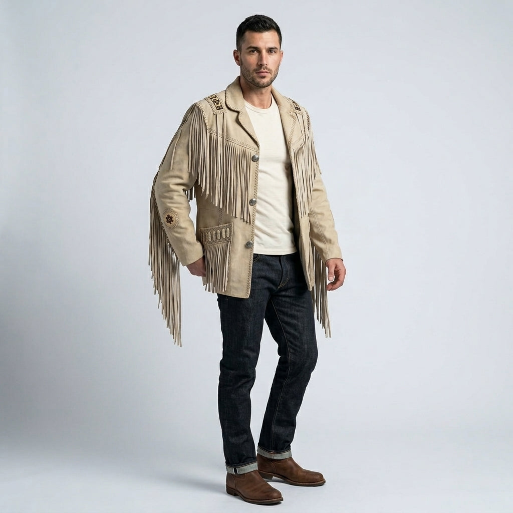 Men’s Western Cowboy White Suede Jacket – Vintage Rancher Style