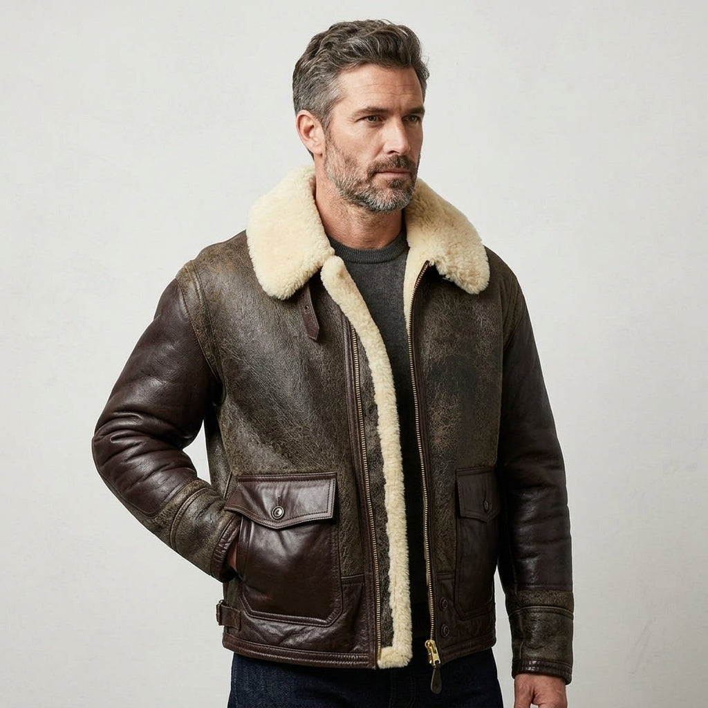 Men’s Premium Sheepskin Military Jacket – Classic Winter Flight Style