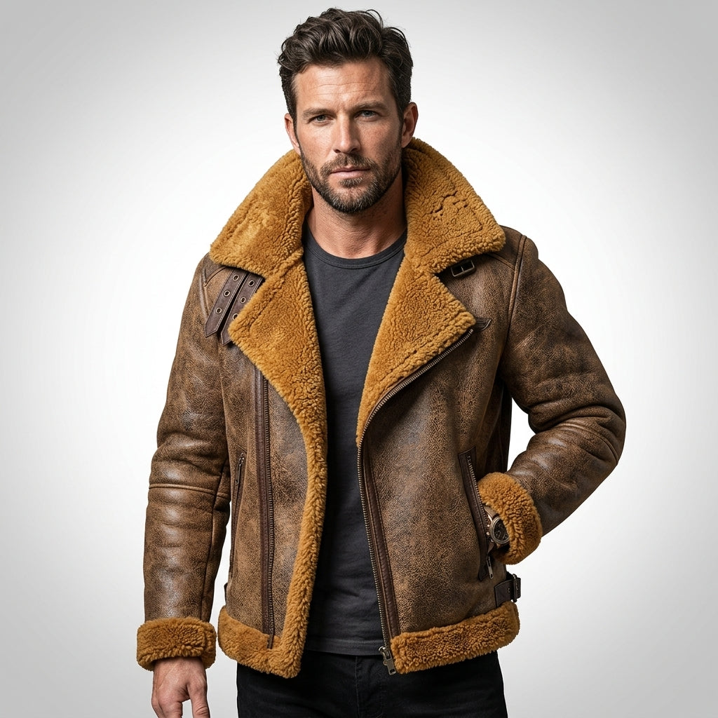 Men’s B3 Sheepskin Shearling Bomber Military Jacket – Aviator Fur Style