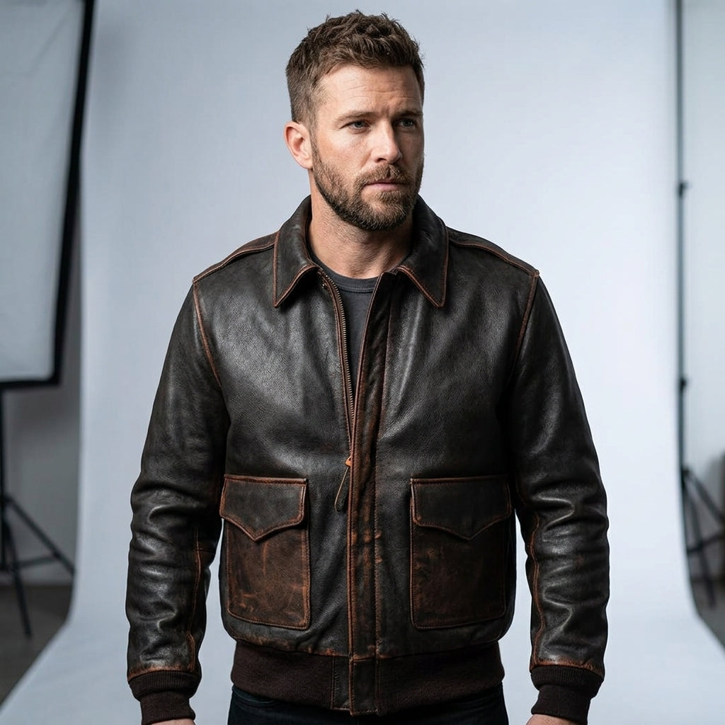 Men’s Brown A2 Military Aviator Pilot Leather Bomber Jacket – Classic Flight Style