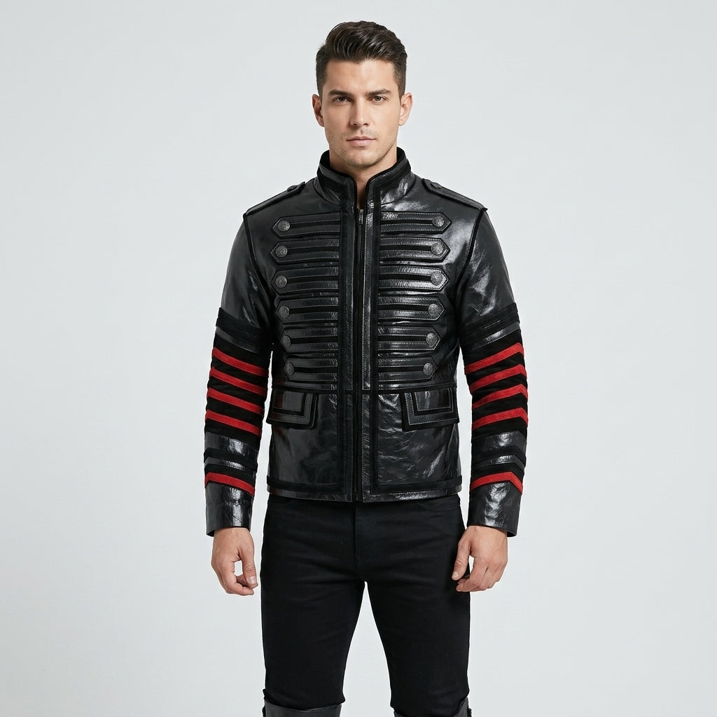Men’s Gothic Military Style Leather Jacket – Dark Tactical Biker Coat