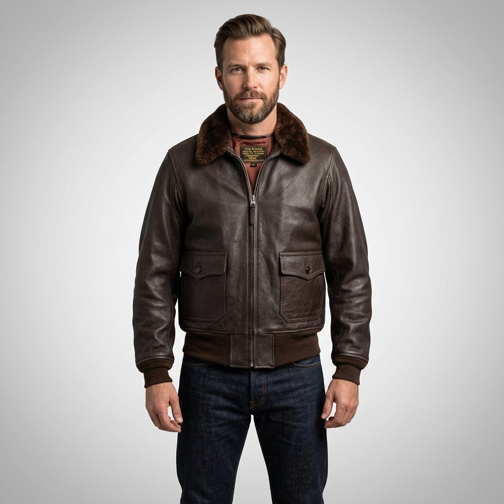 Men’s Vintage Warrior G-1 Military Bomber Jacket – Brown Fur Collar Aviator Style