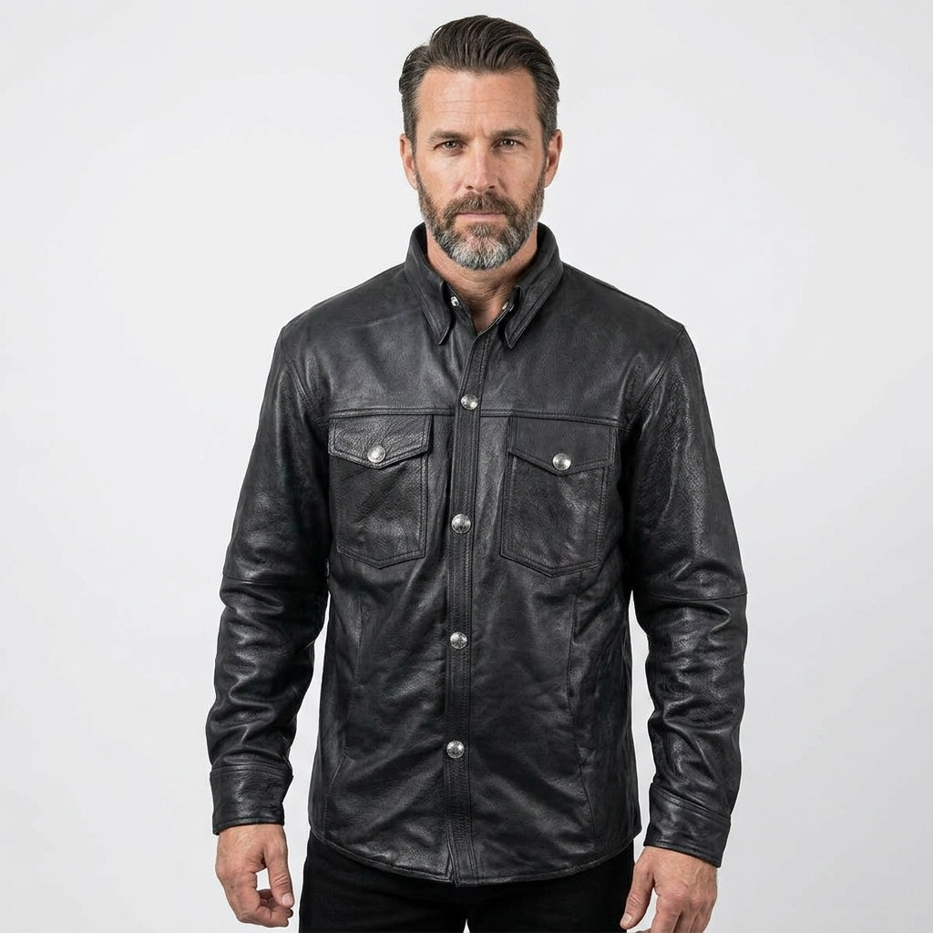 Men’s Genuine Leather Shirt – Vintage Buffalo Button Slim Fit Style