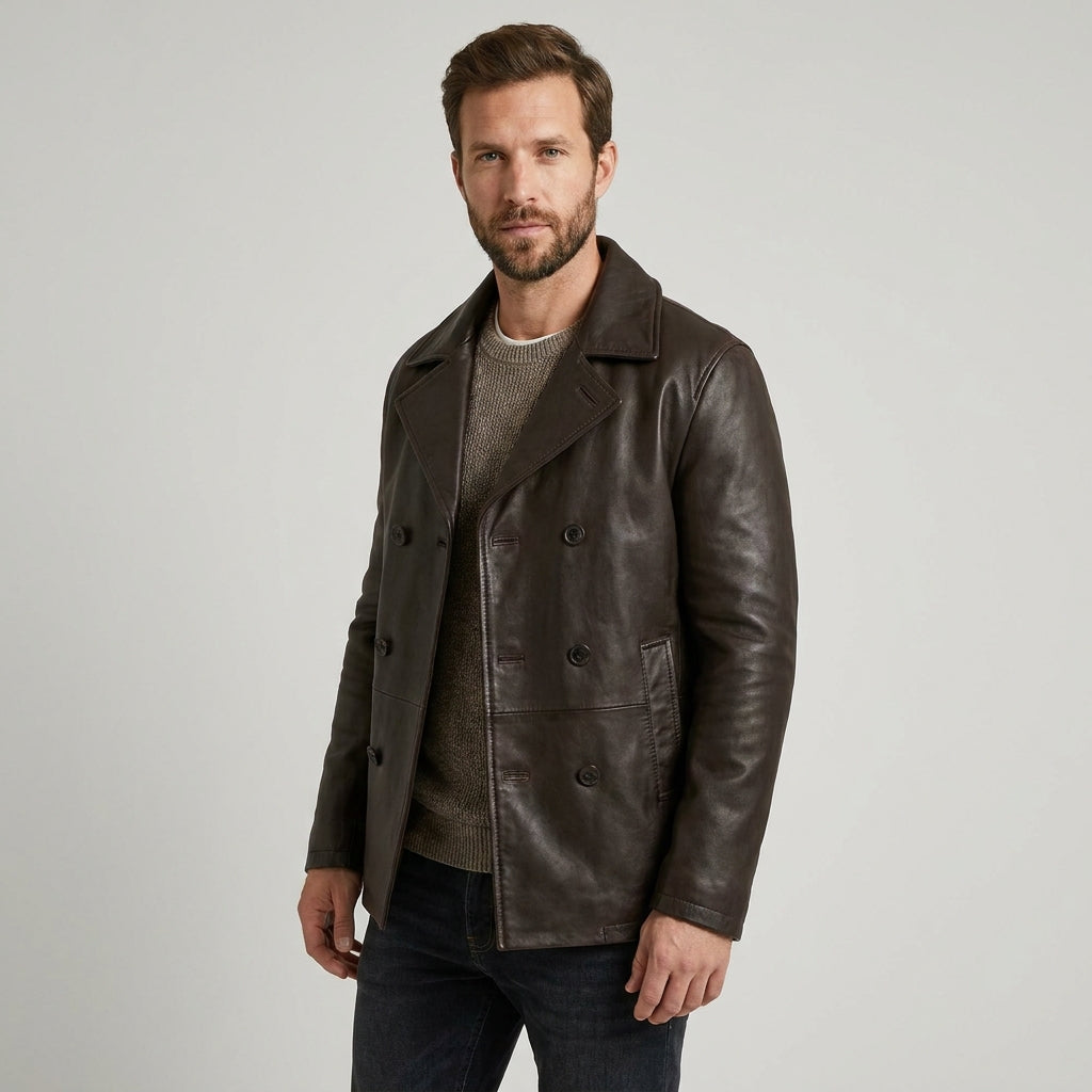 Infinity Brown Genuine Leather Pea Coat